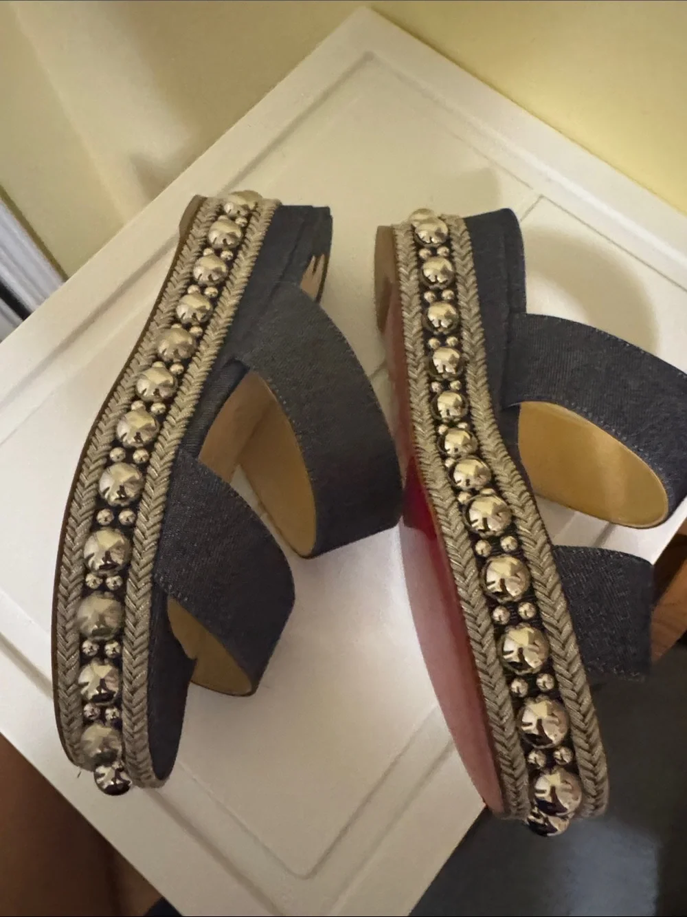 Christian Louboutin Denim Double-Strap Espadrille Sandals with Silver Studs